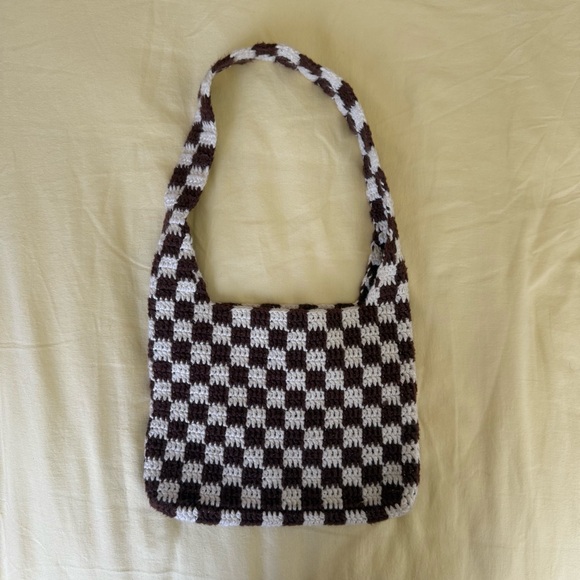 Brown and White Checkered crochet Women's Bag - Picture 1 of 3